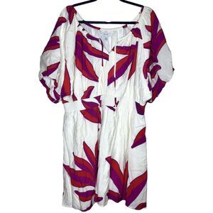 Nine West Pink White Floral Shirring Waist Key Hole Neck Puff Sleeve Lined 2X